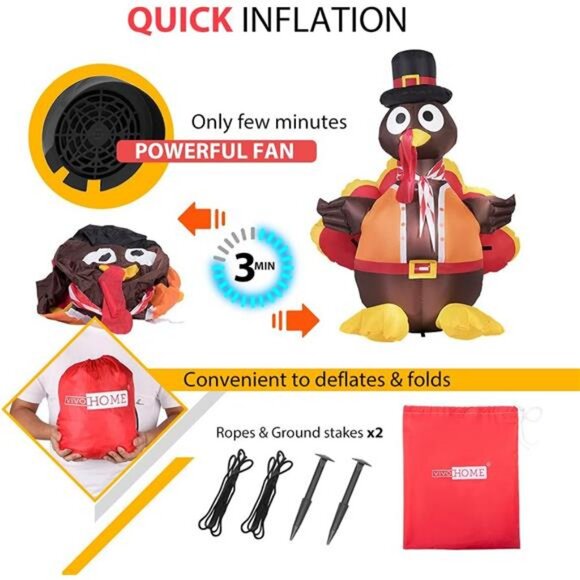 5ft Height Thanksgiving Inflatable LED Lighted Turkey with Hat Blow up - Picture 5 of 7